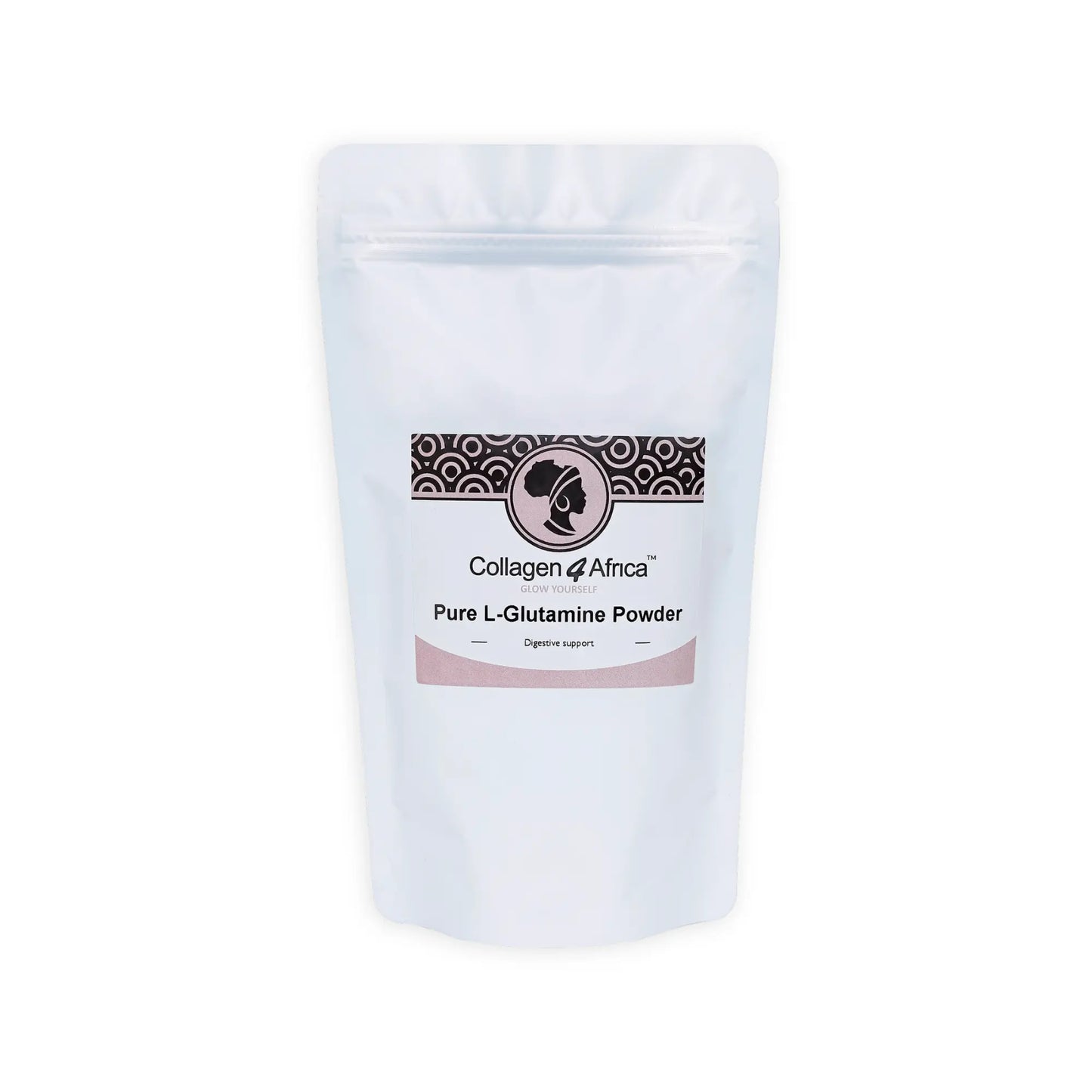 100% pure Collagen4Africa L-Glutamine powder in a 1kg container, showcasing a white supplement powder for muscle recovery.
