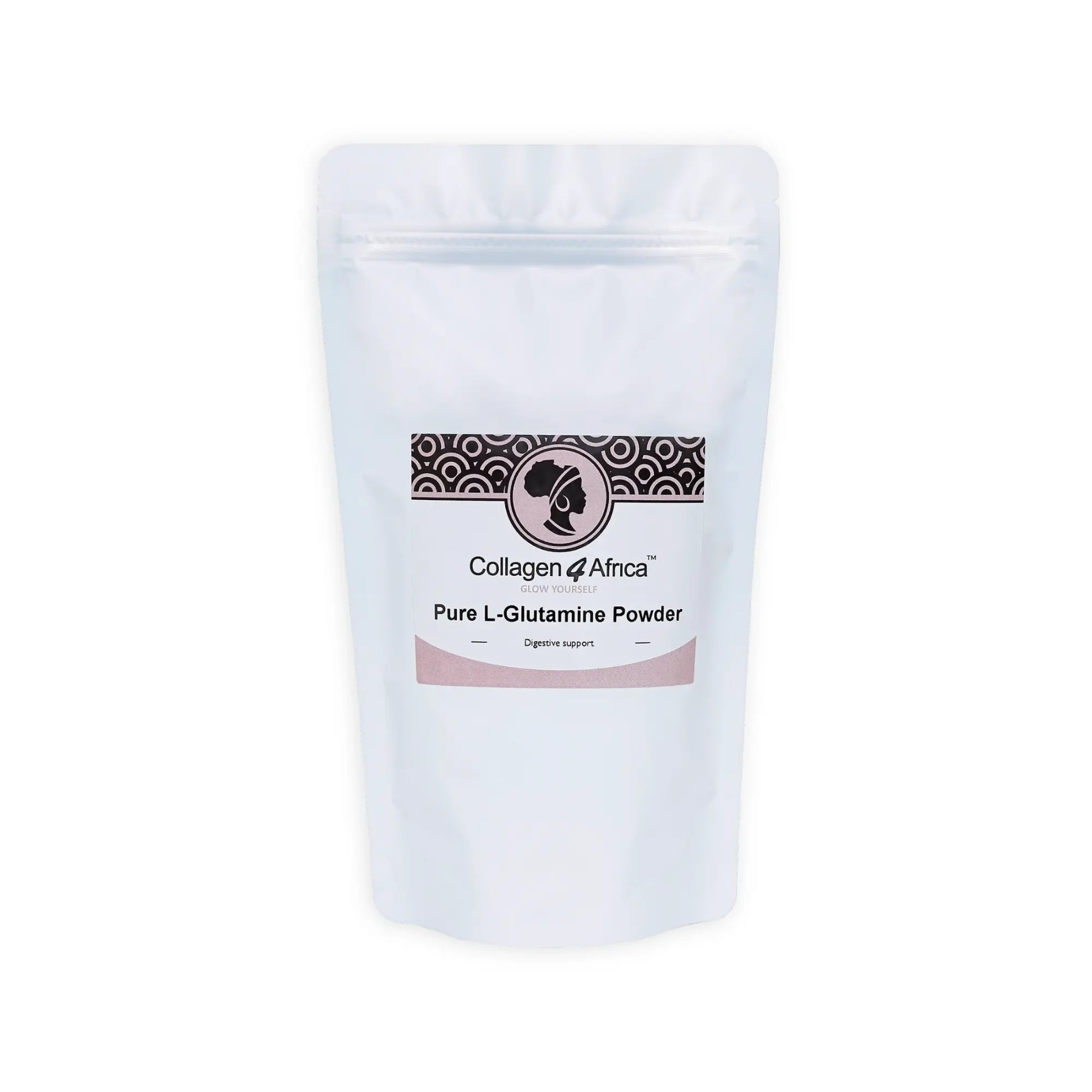 100% pure Collagen4Africa L-Glutamine powder in a 1kg container, showcasing a white supplement powder for muscle recovery.