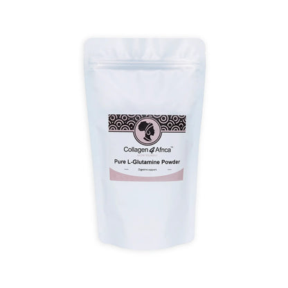 100% pure Collagen4Africa L-Glutamine powder in a 1kg container, showcasing a white supplement powder for muscle recovery.