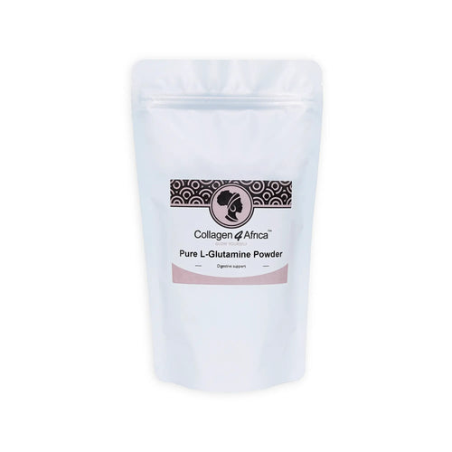 100% pure Collagen4Africa L-Glutamine powder in a 1kg container, showcasing a white supplement powder for muscle recovery.