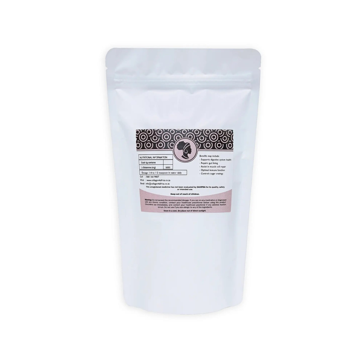 Close-up of Collagen4Africa 1kg container of 100% pure L-Glutamine powder, showing the label and product packaging.