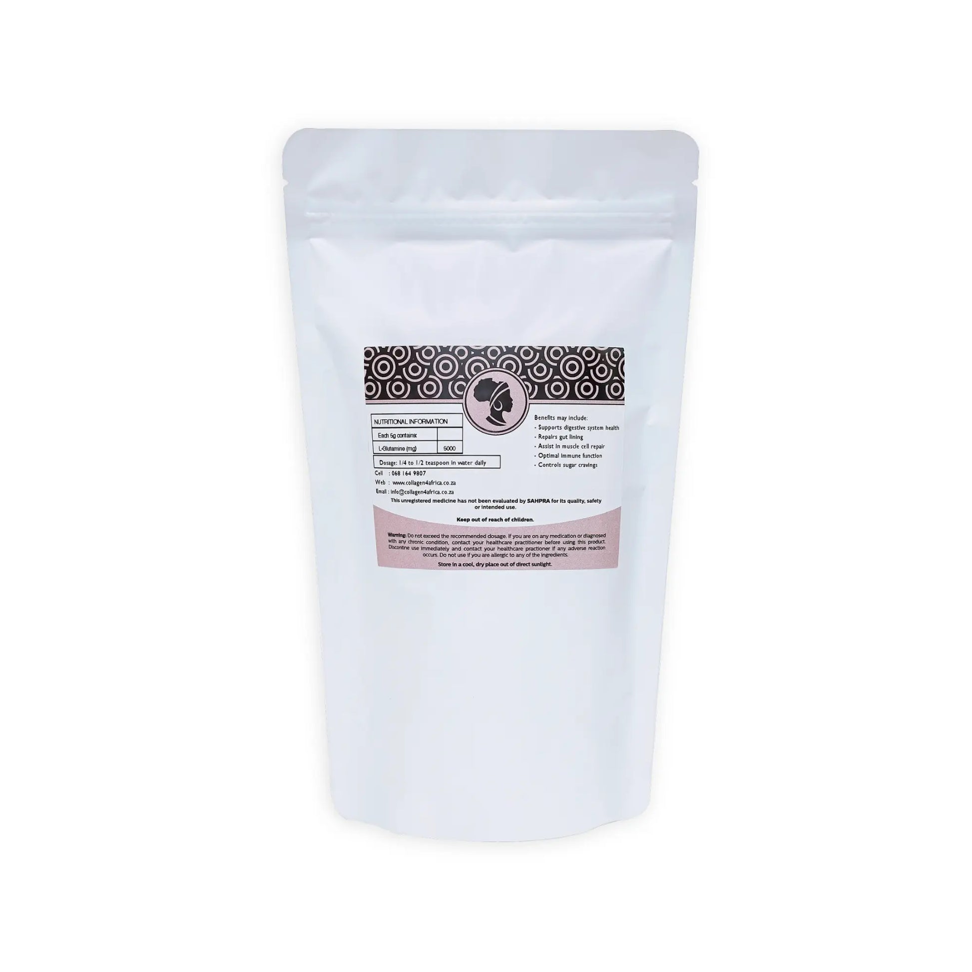 Close-up of Collagen4Africa 1kg container of 100% pure L-Glutamine powder, showing the label and product packaging.