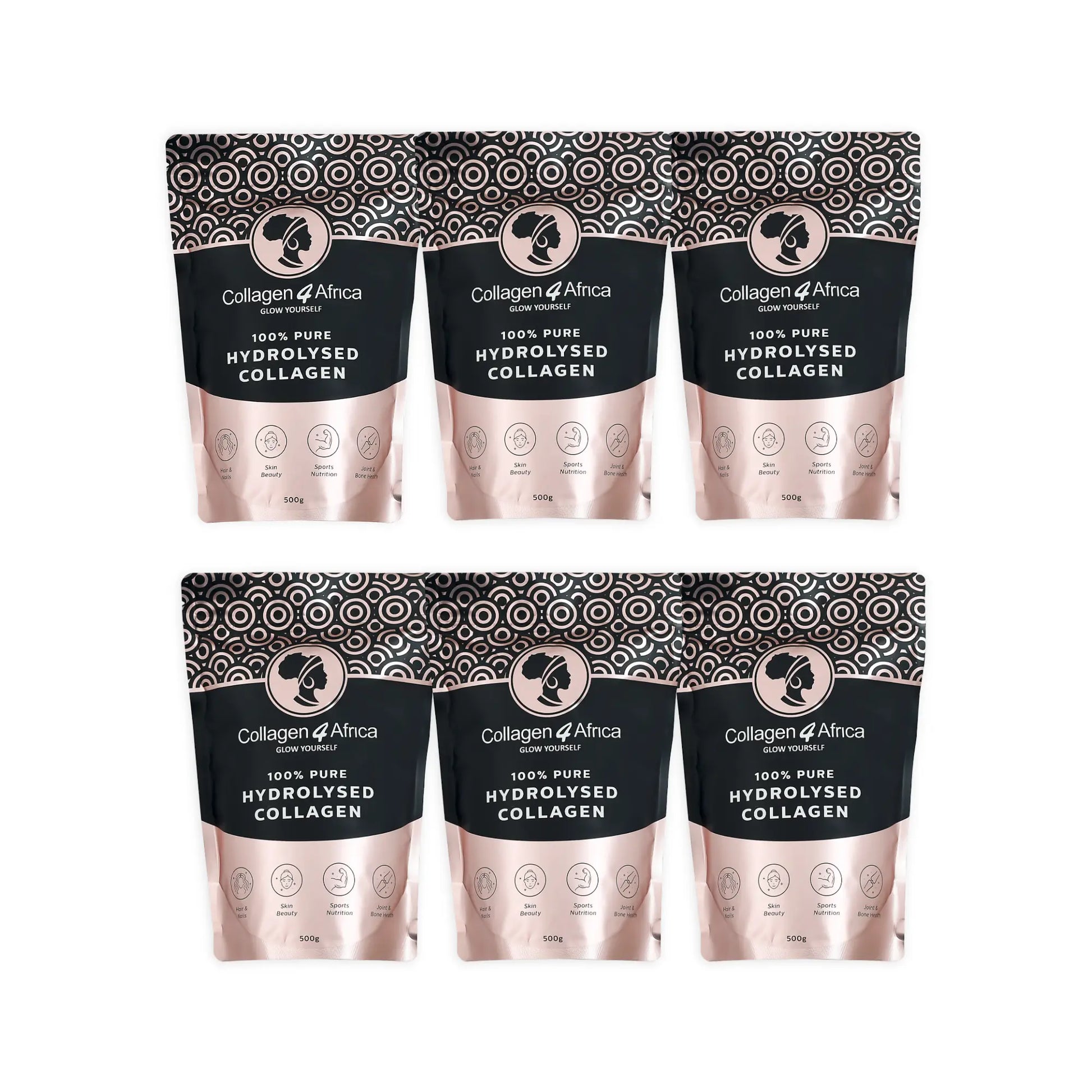 3Kg Pure Hydrolysed Bovine Collagen Powder (6x500g) Collagen4Africa