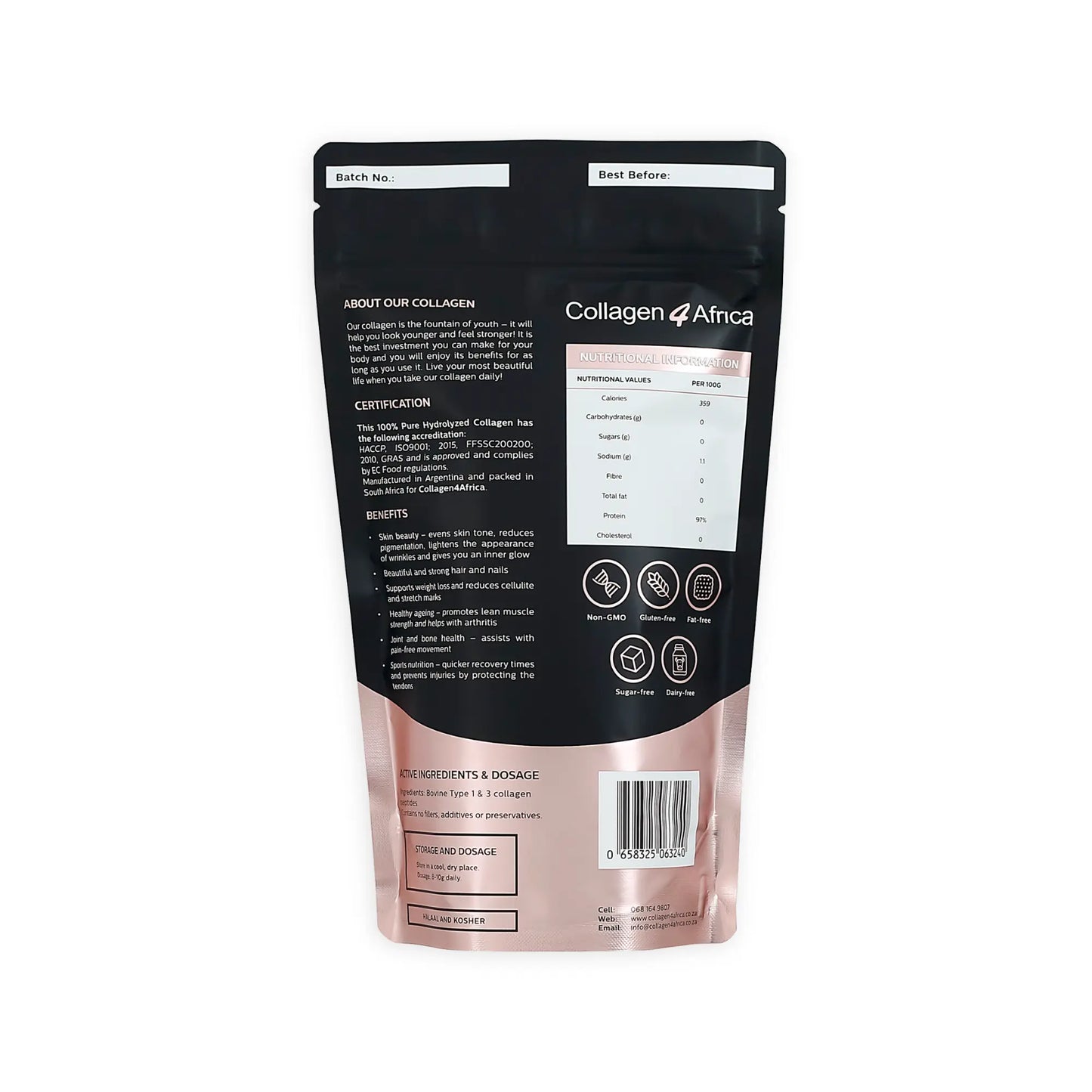Hydrolysed Bovine Collagen powder 250g Pouch Collagen4Africa